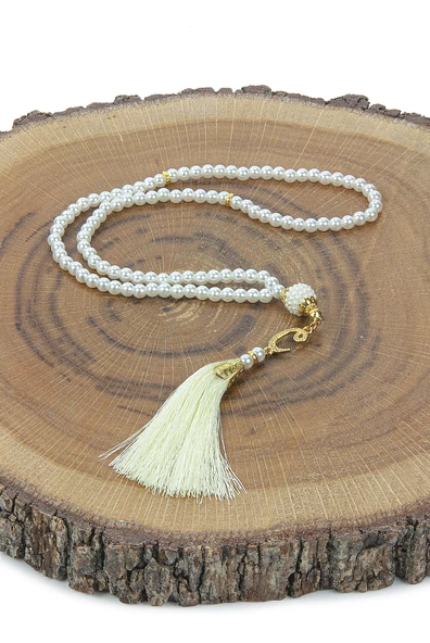 Gelin Damat Bohçasına Uygun Hediyelik Kutulu İnci Tesbihli Çeyizlik Seccade Seti Krem - Resim 5