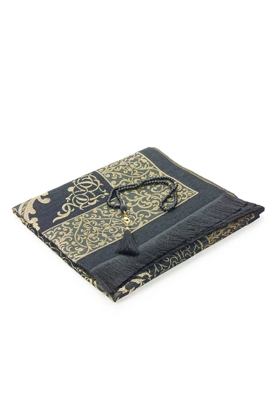 Gelin Damat Bohçasına Uygun Hediyelik Kutulu İnci Tesbihli Çeyizlik Seccade Seti Siyah - Resim 2