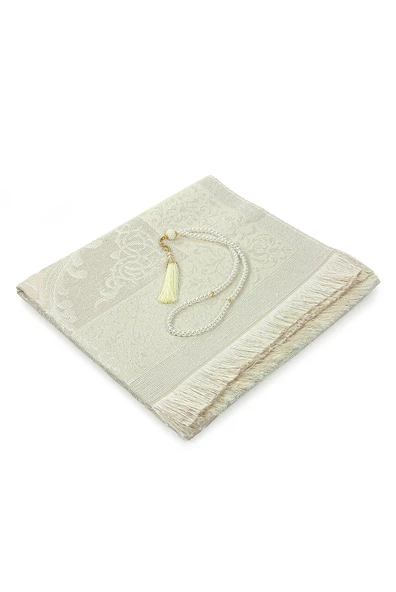 Gelin Damat Bohçasına Uygun Hediyelik Kutulu İnci Tesbihli Çeyizlik Seccade Seti Krem - Resim 2