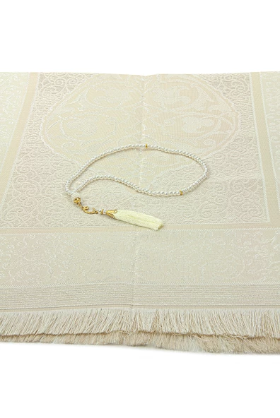 Gelin Damat Bohçasına Uygun Hediyelik Kutulu İnci Tesbihli Çeyizlik Seccade Seti Krem - Resim 4