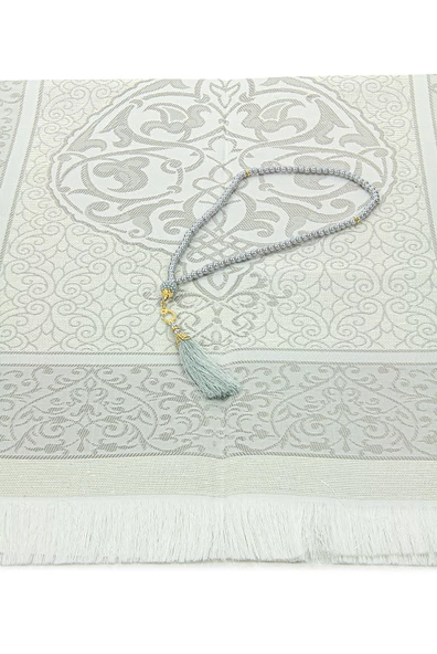 Gelin Damat Bohçasına Uygun Hediyelik Kutulu İnci Tesbihli Çeyizlik Seccade Seti Gri - Resim 5