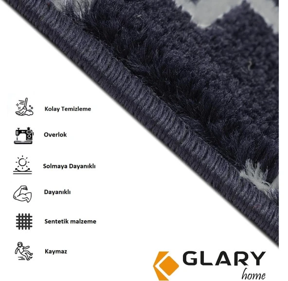 Glary Home GH40A-WT-GRY1 Kare Desenli Kaydırmaz Tabanlı 1'li Merdiven Halısı - Beyaz/Deniz Mavisi - 4