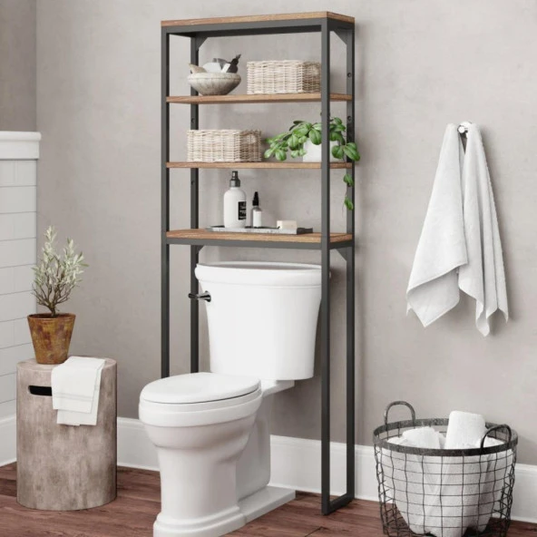 Klozet Üstü Raf Ahşap Banyo Dolabı Metal Ayaklı Organizer