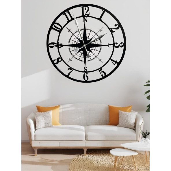 ALPHA METAL DESIGN Pusula Temalı Duvar Saati - 50X50 Cm Metal Duvar Saati - Siyah Duvar Saati AMD3110 - 2