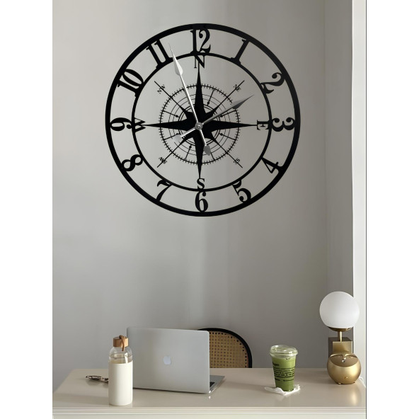 ALPHA METAL DESIGN Pusula Temalı Duvar Saati - 50X50 Cm Metal Duvar Saati - Siyah Duvar Saati AMD3110 - 3