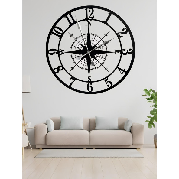 ALPHA METAL DESIGN Pusula Temalı Duvar Saati - 50X50 Cm Metal Duvar Saati - Siyah Duvar Saati AMD3110 - 4