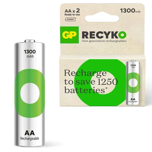 ŞARJLI PİL AA KALEM 1300MAH Nİ-MH (2 ADET) GP RECYKO GP130AAH