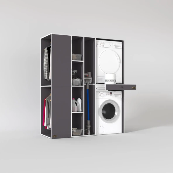 Kenzlife çamaşır-kurutma makinesi dolabı ve giysi dolabı çekmeceli attar sol gri 187*160*60  banyo