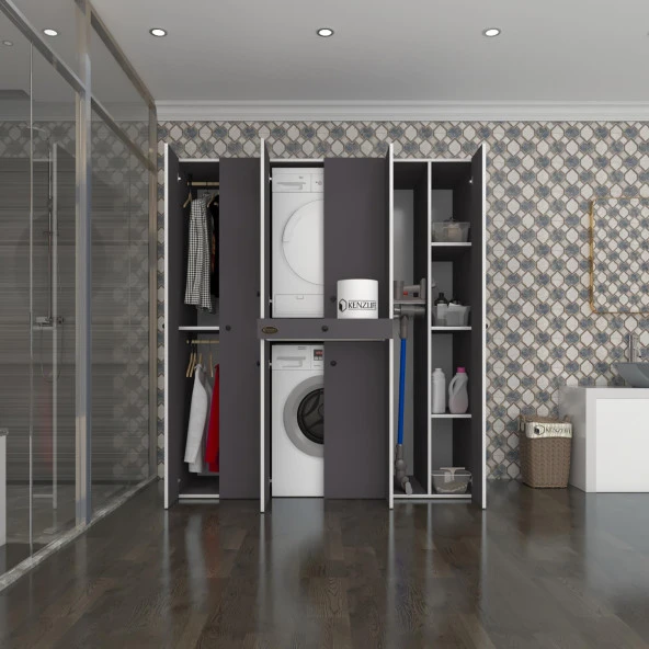 Kenzlife çamaşır-kurutma makinesi dolabı ve giysi dolabı çekmeceli ebuzer sağ raf gri 187*170*120  banyo