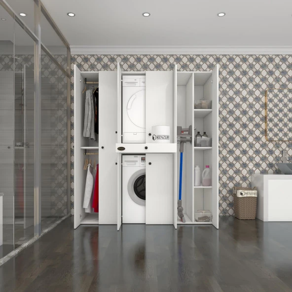 Kenzlife çamaşır-kurutma makinesi dolabı ve giysi dolabı çekmeceli ebuzer sağ raf byz 187*170*120  % 100 FULL MDF