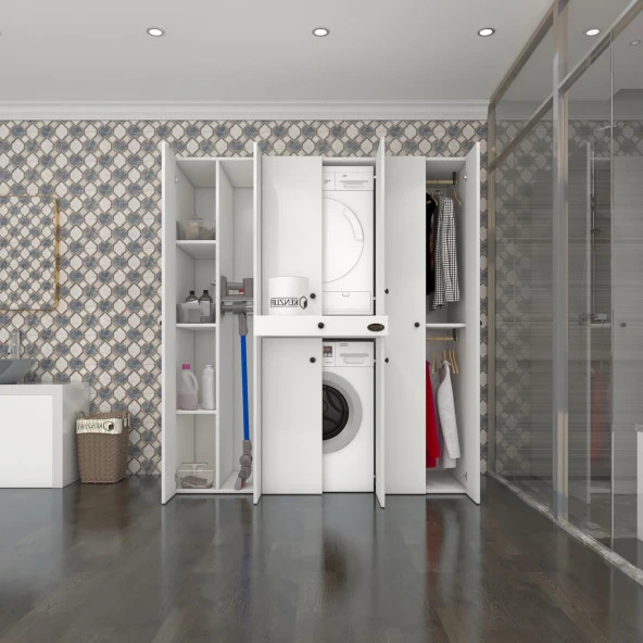 Kenzlife çamaşır-kurutma makinesi dolabı ve giysi dolabı çekmeceli ebuzer sol raf byz 187*170*120  banyo