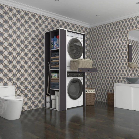 Kenzlife çamaşır-kurutma makinesi dolabı bacce sol gri 187*090*60 çekmeceli banyo