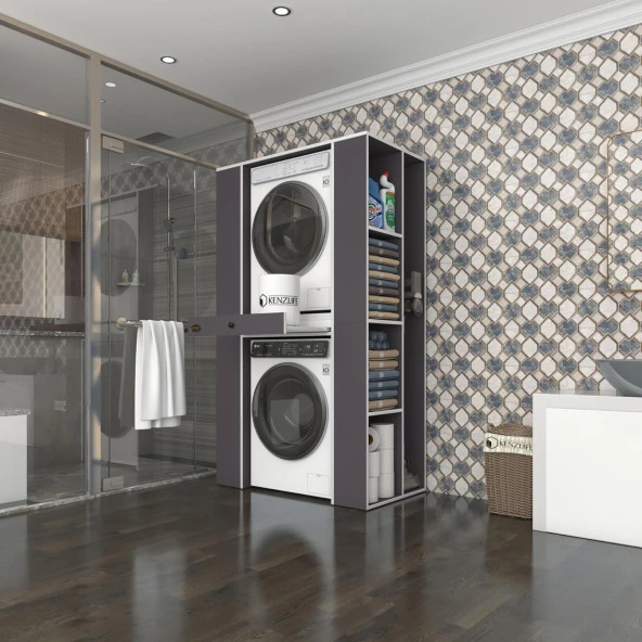 Kenzlife çamaşır-kurutma makinesi dolabı umare gri 187*110*60 çekmeceli raflı banyo ürün görseli
