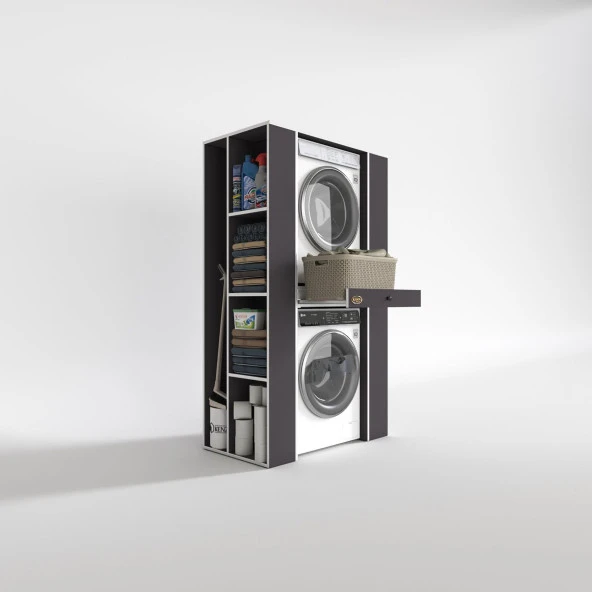 Kenzlife çamaşır-kurutma makinesi dolabı umare gri 187*110*60 çekmeceli raflı banyo - Resim 2