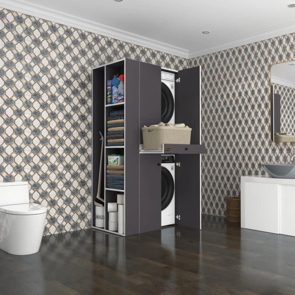 Kenzlife çamaşır-kurutma makinesi dolabı ahi evran sol gri 187*090*60 çekmeceli banyo