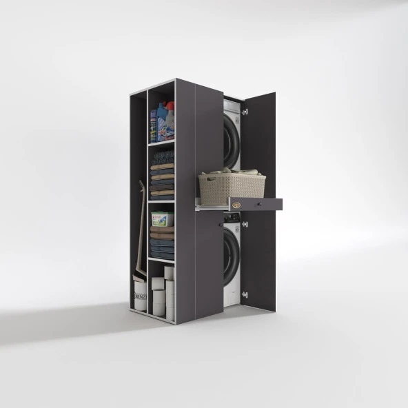 Kenzlife çamaşır-kurutma makinesi dolabı ahi evran sol gri 187*090*60 çekmeceli banyo - Resim 2