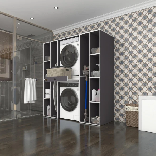 Kenzlife çamaşır-kurutma makinesi dolabı sadra gri 187*170*60 çekmeceli raflı banyo