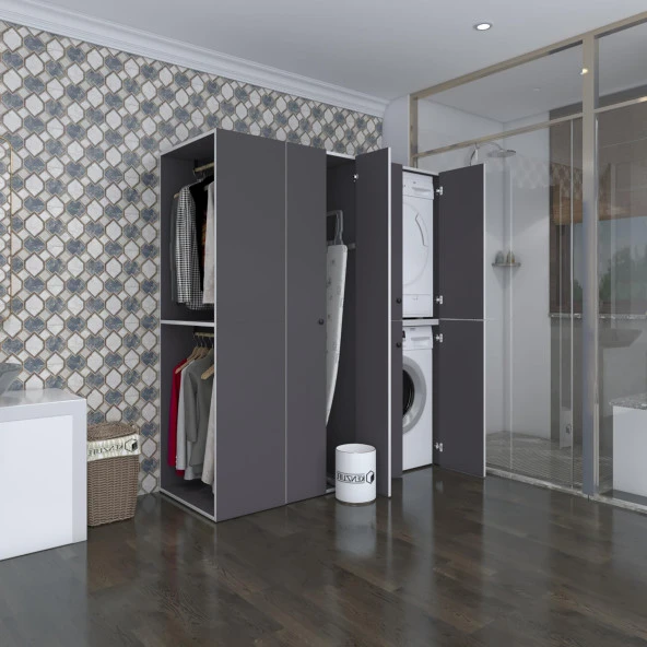 Kenzlife çamaşır-kurutma makinesi dolabı ve giysi dolabı bistami sol gri 180*160*60  banyo