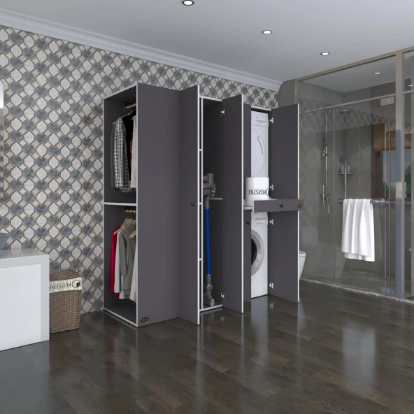 Kenzlife çamaşır-kurutma makinesi dolabı ve giysi dolabı çekmeceli eşari sol gri 187*160*60  banyo