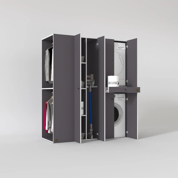 Kenzlife çamaşır-kurutma makinesi dolabı ve giysi dolabı çekmeceli eşari sol gri 187*160*60  banyo - Resim 2