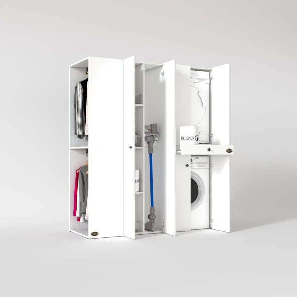 Kenzlife çamaşır-kurutma makinesi dolabı ve giysi dolabı çekmeceli eşari sol byz 187*160*60  % 100 FULL MDF - Resim 2