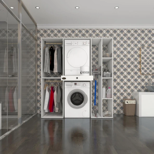 Kenzlife çamaşır-kurutma makinesi dolabı ve giysi dolabı çekmeceli hattab sağ raf byz 187*160*60  % 100 FULL MDF