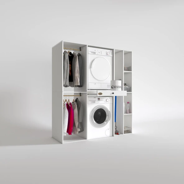 Kenzlife çamaşır-kurutma makinesi dolabı ve giysi dolabı çekmeceli hattab sağ raf byz 187*160*60  % 100 FULL MDF - 2