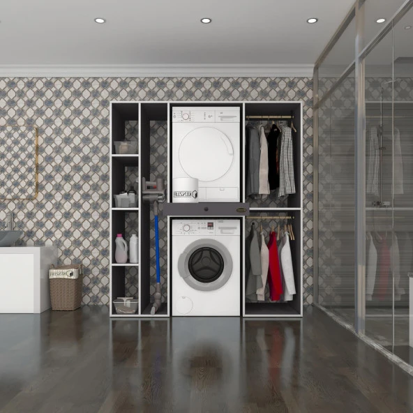 Kenzlife çamaşır-kurutma makinesi dolabı ve giysi dolabı çekmeceli hattab sol raf gri 187*160*60  banyo ürün görseli 1