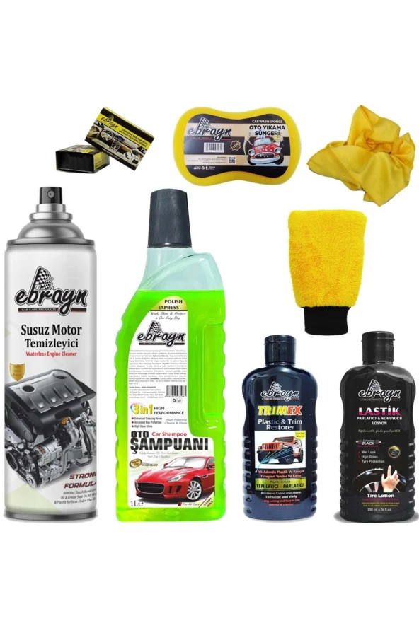 Caraks Motor Bakım+Şampuan+Plastik Yenileyici+Lastik Parlatıcı+Eldiven+Sünger+Mikrofiber Bez Ebrayn-9 Parça