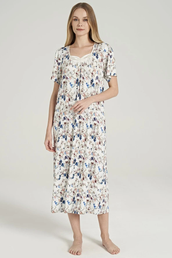 Kadın Klasik Çicek Desenli Yarım Kol Kare Yakalı Gecelik Elbise - 4