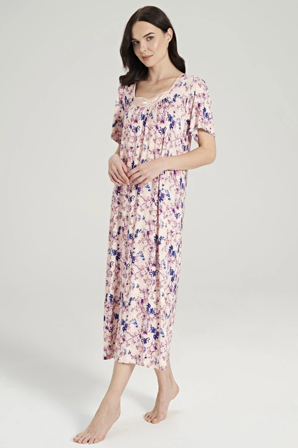 Kadın Klasik Çicek Desenli Yarım Kol Kare Yakalı Gecelik Elbise - 6