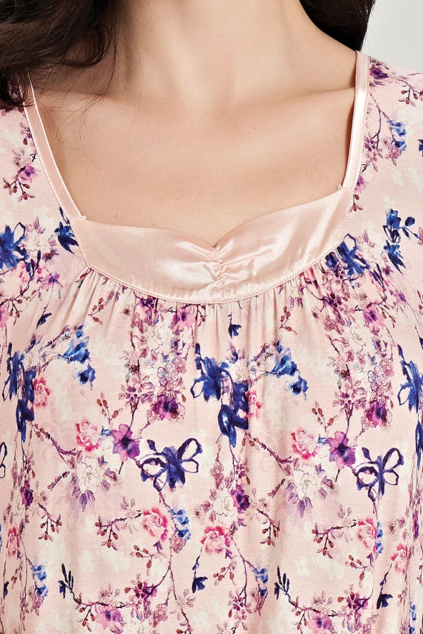 Kadın Klasik Çicek Desenli Yarım Kol Kare Yakalı Gecelik Elbise - 7