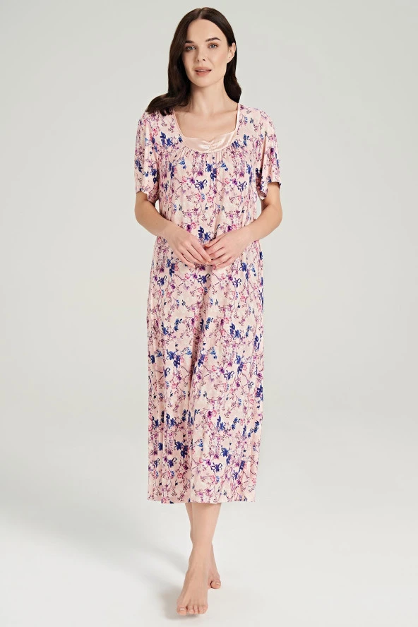 Kadın Klasik Çicek Desenli Yarım Kol Kare Yakalı Gecelik Elbise - 8