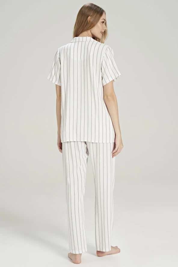 Kadın Simli Çizgi Desenli Önden Düğmeli Gömlek Yakalı Pijama Takımı - 5