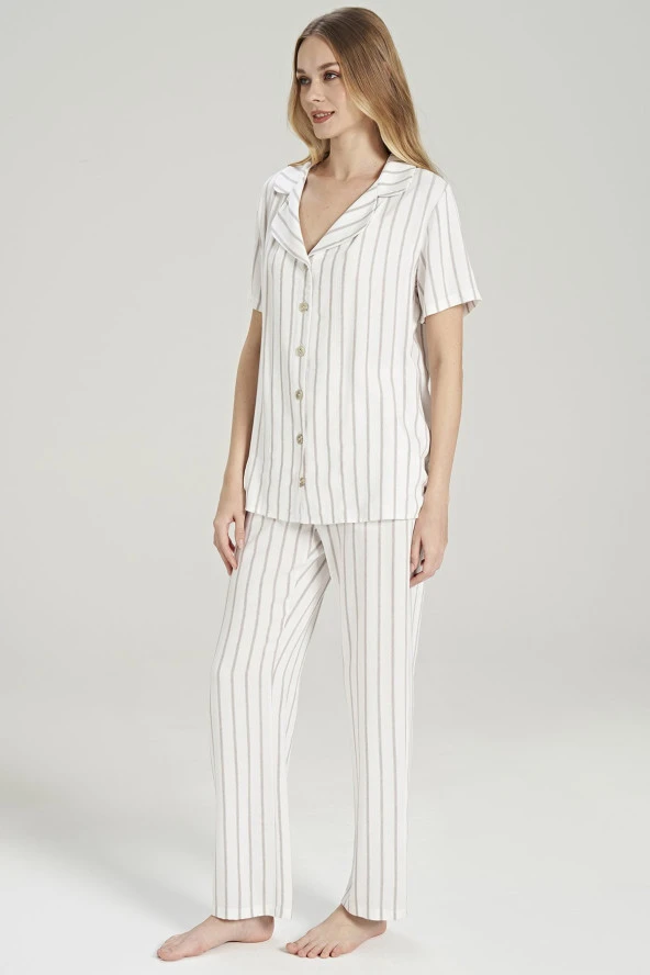 Kadın Simli Çizgi Desenli Önden Düğmeli Gömlek Yakalı Pijama Takımı - 4