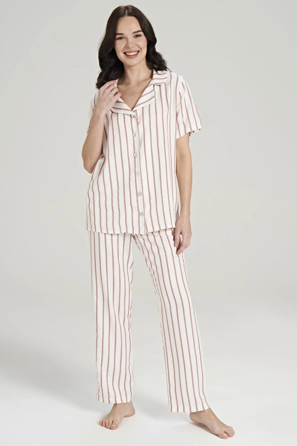 Kadın Simli Çizgi Desenli Önden Düğmeli Gömlek Yakalı Pijama Takımı - 6