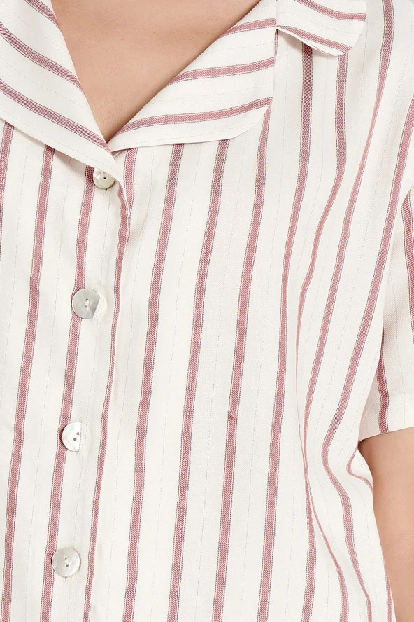 Kadın Simli Çizgi Desenli Önden Düğmeli Gömlek Yakalı Pijama Takımı - 7
