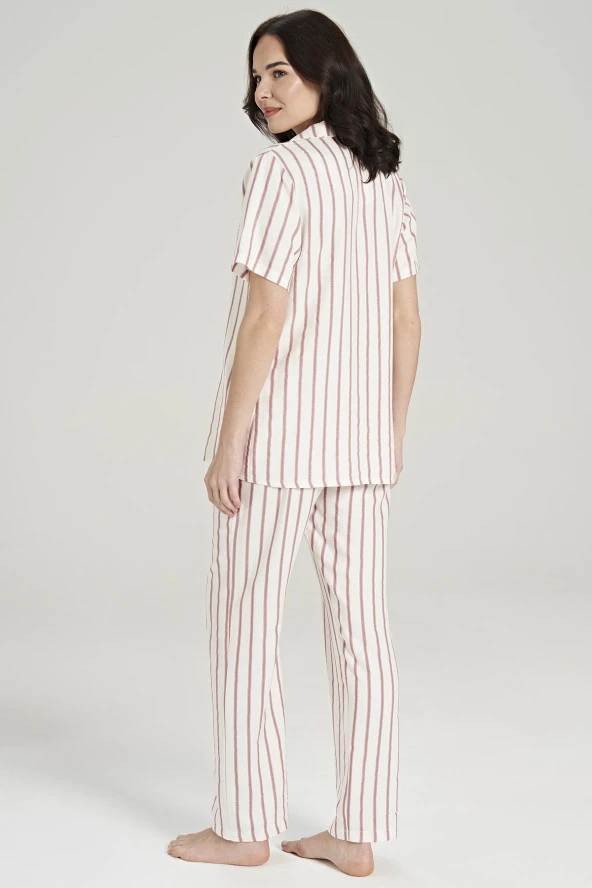 Kadın Simli Çizgi Desenli Önden Düğmeli Gömlek Yakalı Pijama Takımı - 9