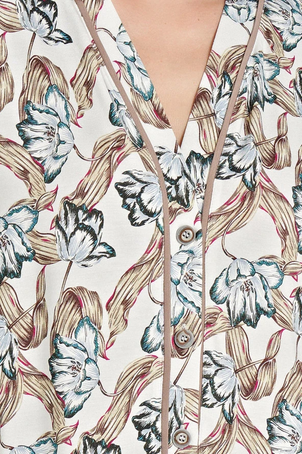 Kadın Klasik Çicek Desenli Önden Düğmeli Gecelik Elbise - 6