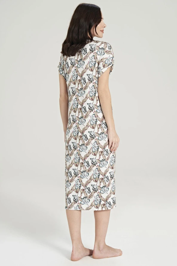 Kadın Klasik Çicek Desenli Önden Düğmeli Gecelik Elbise - 8