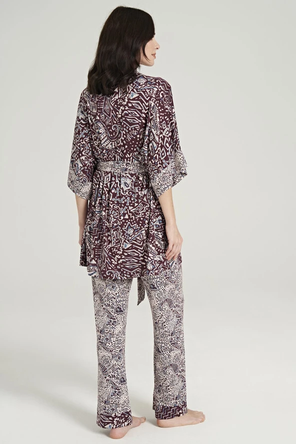Kadın Etnik Desen İp Askılı Önden Düğmeli 3'lü Pijama Takımı - 5
