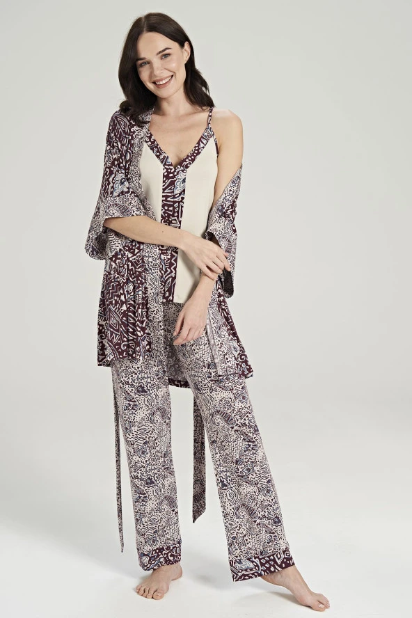 Kadın Etnik Desen İp Askılı Önden Düğmeli 3'lü Pijama Takımı - 6