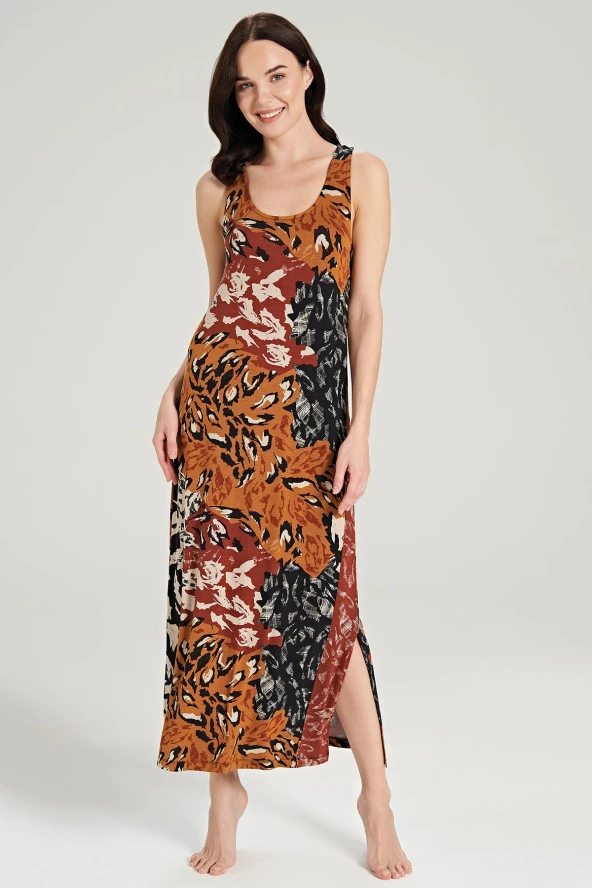 Kadın Karışık Desenli Eteği Yırtmaçlı Kalın Askılı Gecelik Elbise - 3