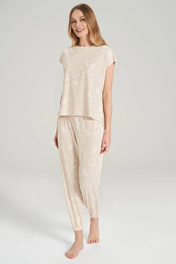 Kadın Yaprak Desenli Paçası Lastikli Belden Yırtmaçlı Pijama Takımı - 3