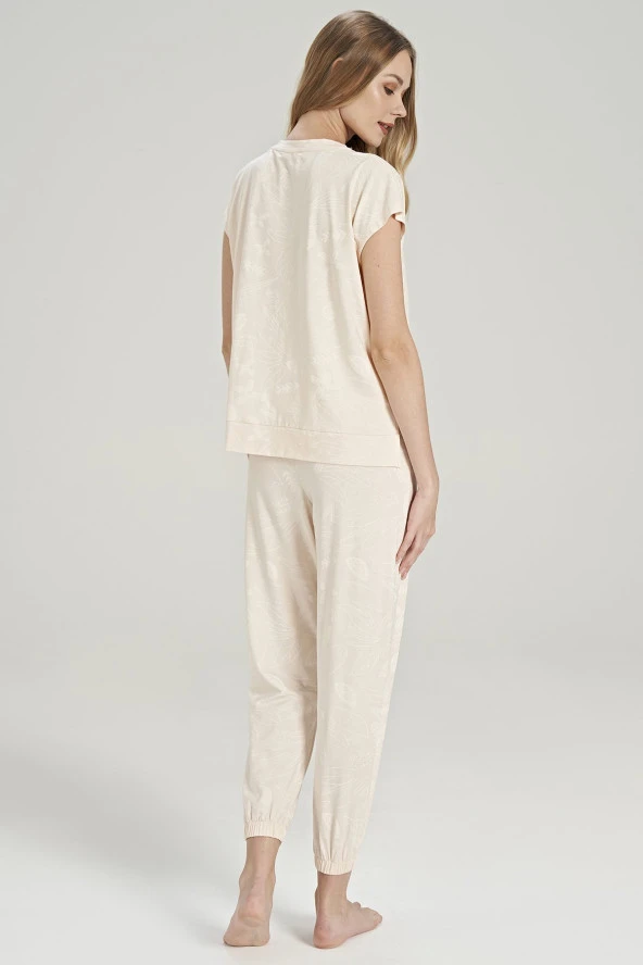 Kadın Yaprak Desenli Paçası Lastikli Belden Yırtmaçlı Pijama Takımı - 6