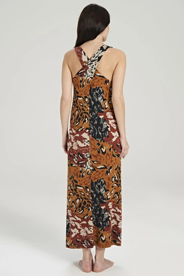 Kadın Karışık Desenli Eteği Yırtmaçlı Kalın Askılı Gecelik Elbise - 5