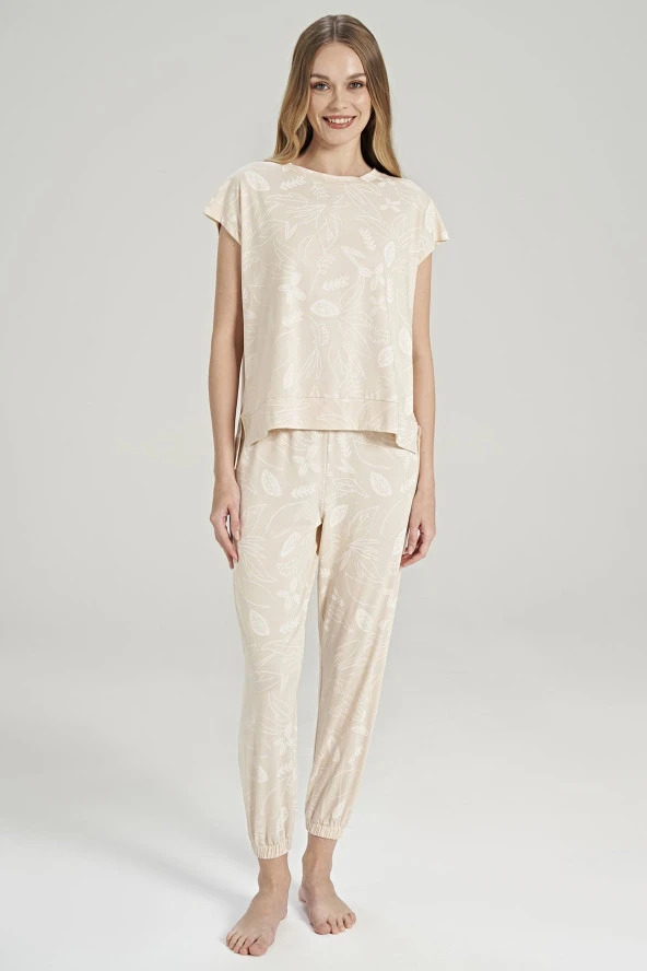 Kadın Yaprak Desenli Paçası Lastikli Belden Yırtmaçlı Pijama Takımı - 7