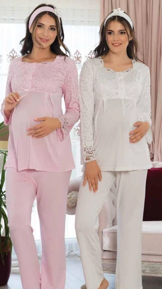 MECİT 5111 HAMİLE LOHUSA DANTEL KOLLU PİJAMA TAKIMI - 4