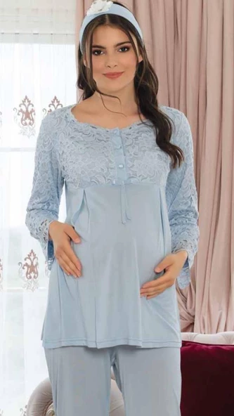 MECİT 5111 HAMİLE LOHUSA DANTEL KOLLU PİJAMA TAKIMI - 1