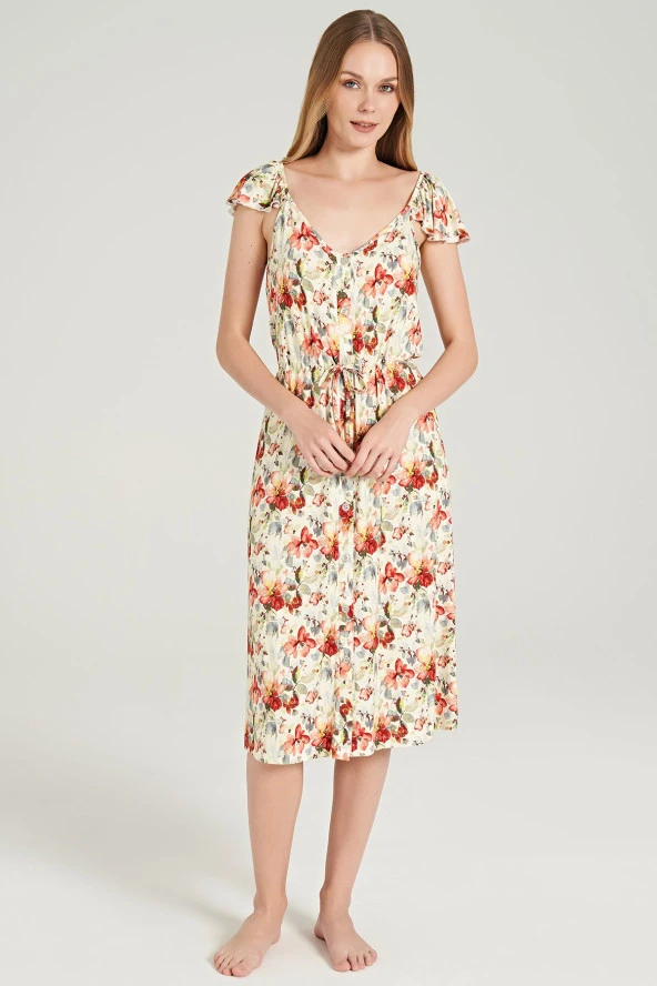 Kadın Çicek Desenli Omuz Detaylı Gecelik Elbise - 5